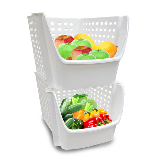Skywin Plastic Stackable Storage Bins for Pantry - 2-Pack White Stackable Bins For Organizing Food, Kitchen, and Bathroom Essentials (Oval)