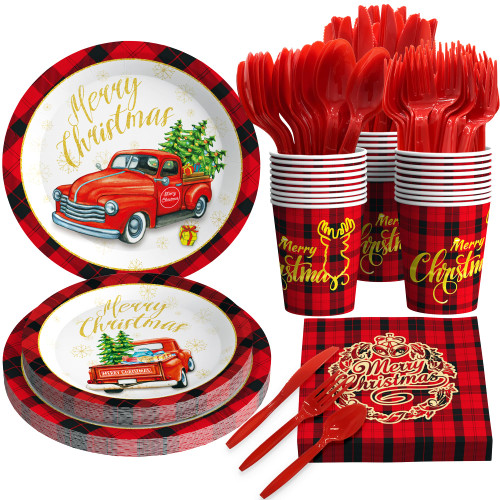 Christmas Decorations Party Supplies Disposable Dinnerware Set 168PCS, Includes Christmas Party Paper Plates&Cups&Napkins Plastic Knives&Forks&Spoons Serves 24 with Car Tree Pattern