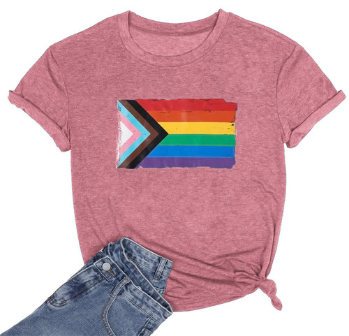 Pride Shirt Women Rainbow Graphic Tees LGBT Equality Shirts Progress Pride Flag T-Shirt Casual Short Sleeve Tops (Medium, Pink)