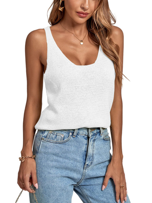 LYANER Women's Casual V Neck Sleeveless Loose Fit Basic Knit Tank Cami Top White# Large