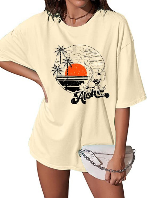 Womens Hawaiian Oversized T Shirts Vintage Aloha Oversized Tshirts Hibiscus Flower Tee Tops Summer Vacation Beach Tee