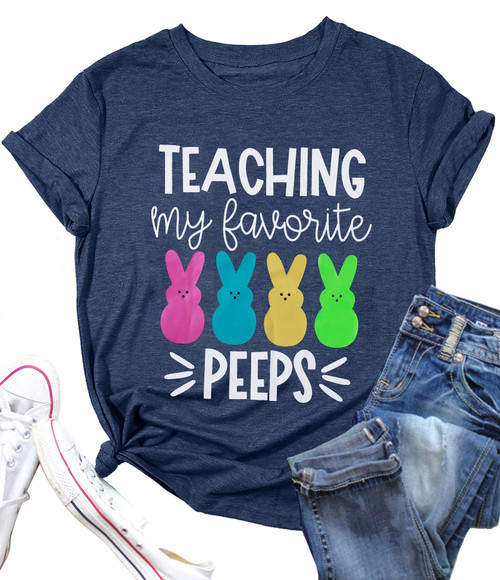 Teaching My Favorite Peeps Shirt for Women Easter Teacher T-Shirt Funny Bunny Graphic Tee Top Dark Blue