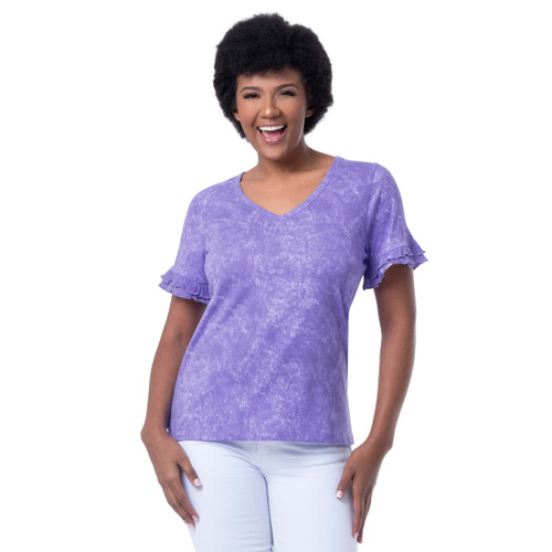 Lee Women's Cotton Ruffle Short Sleeve V-Neck T-Shirt, Violet, X-Large