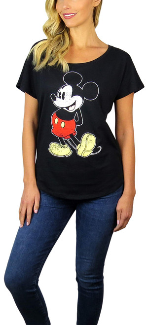 Disney Womens Mickey Mouse Stand Scoop Neck Doleman Tee (Black, Small)