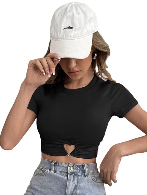 SOLY HUX Women's Summer Crop Top Short Sleeve T Shirt Cut Out Tee Solid Black XS
