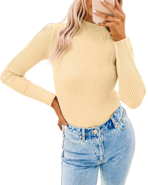 Imily Bela Womens Mock Neck Fitted Sweaters Ribbed Knit Long Sleeve Causal Pullover Sweater Lightweight Fall Jumper Top Beige