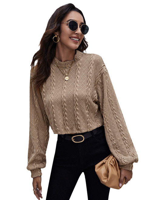 Floerns Women's Long Sleeve V Neck Cable Knit Crop Top Sweater Pullover Light Brown L