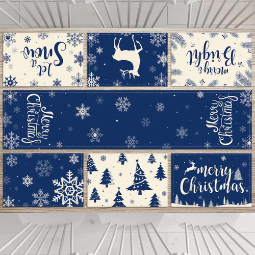 7Pcs Christmas Table Runners Placemats,Blue & White Snowflake Merry Christmas Table Runner Reindeer Snowflake Xmas Tree Let It Snow Table Mat Set for Christmas Winter Holiday New Year Table Decoration