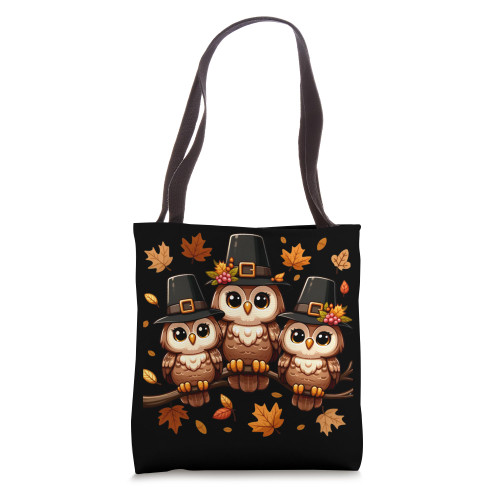 Pilgrim Owls on Autumn Perch Thanksgiving Tote Bag