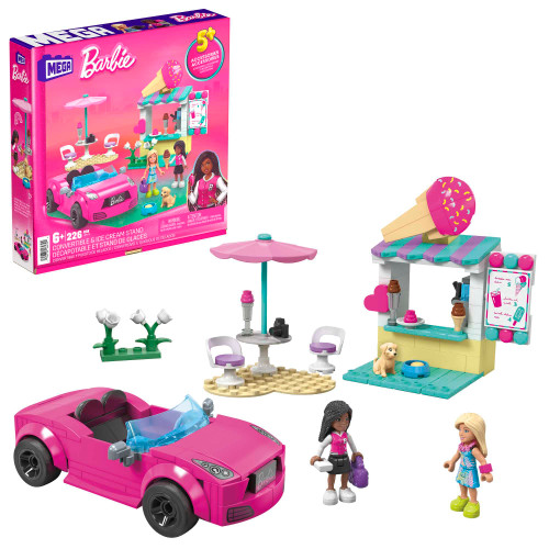 Barbie MEGA Car Building Toys Playset, Convertible & Ice Cream Stand With 225 Pieces, 2 Micro-Dolls and Accessories, Pink,