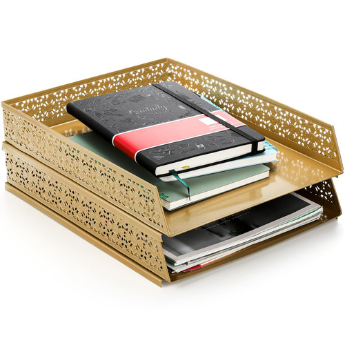 Okllen 2 Pack Stackable Paper Tray for Desk, Gold Inbox File Tray Holder, Metal 2 Tier Letter Document Tray Organizer for A4 Paper, Magazine, Receipts, Office Supplies