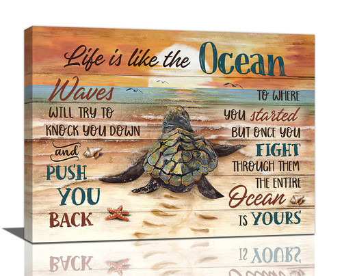 Sea Turtle Bathroom Decor Wall Art Beach Ocean Inspirational Quotes Landscape Pictures Wall Decor Canvas Painting Prints Artwork Home Decorations Framed for Bedroom Office Kitchen Living Room 16"x12"