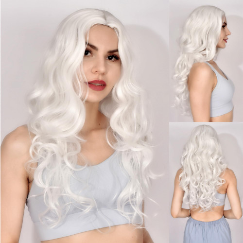 LukBerd Long White Wavy Wigs for Women Middle Part 26 inch Natural Curly Synthetic Wig Heat Resistant Fiber Wigs for Daily Party Use LukBerd Long White Wavy Wigs for Women Middle Part 26 inch Natural Curly Synthetic Wig Heat Resistant Fiber Wigs for Daily Party Use