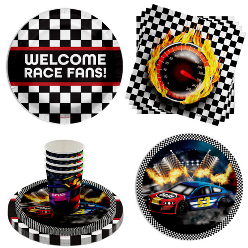 Race Car Party Supplies - Race Car Checkered Flag Tableware Includes Large Paper Plates Napkins and Cups - Kit for 16 (Welcome Race Fans Race Day, 64 Piece)