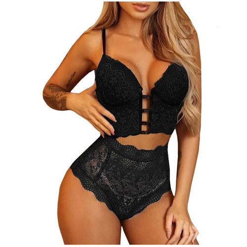 Women's Lace Lingerie Bra and High Waist Panty Set Sexy Pajamas Lingerie Set Babydoll Sleepwear 2 Piece Nightwear Outfits(C Black,XX-Large)