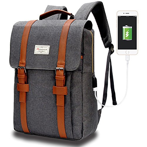 Slim Travel Backpack, Modoker Vintage Backpack Bag School College Bookbag USB Charging Port Rucksack Fits 15 inch Laptop (Grey)