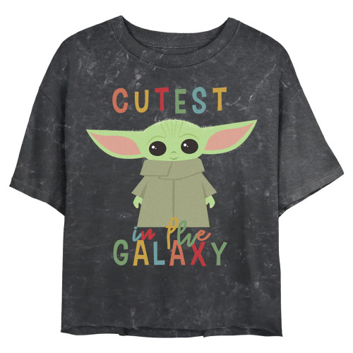 Star Wars Mandalorian Cutest Little Child Women's Mineral Wash Short Sleeve Crop Tee, Black, Large