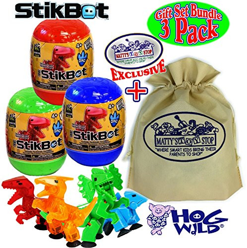 Hog Wild StikBot Dinosaur (Dino) Mystery Egg Figures Gift Set Bundle with Exclusive Matty's Toy Stop Storage Bag - 3 Pack (Assorted)