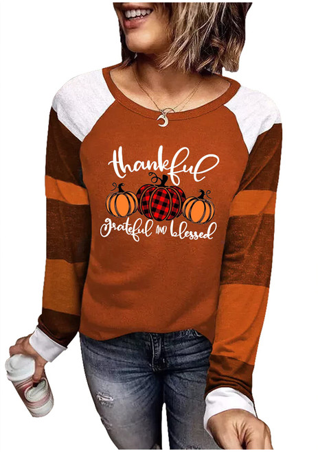 Thankful Blessed and Kind of A Mess Shirts Womens Thanksgiving T Shirts Color Block Splicing Shirts Long Sleeve Tee Tops (Orange, XL)