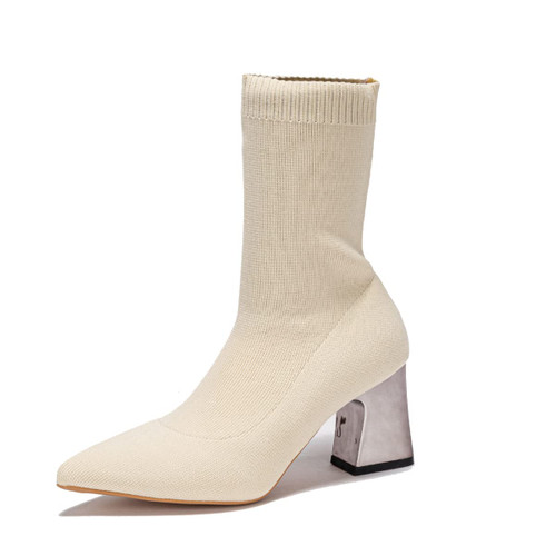 GATUXUS Women's Chunky Mid Heel Ankle Boots Pointed Toe Knit Sock Style Booties Casual Warm Shoes (Ivory, numeric_8)