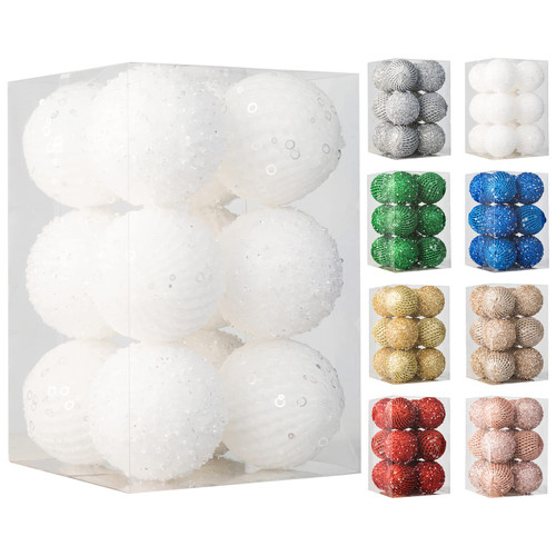 3.15" Christmas Ball Ornaments 12 pcs Glitter Sequin Foam Ball Shatterproof Christmas Decorations Tree Balls Xmas Hanging Balls for Xmas Trees Wedding Party Holiday Decorations(White, 12pc-8cm)