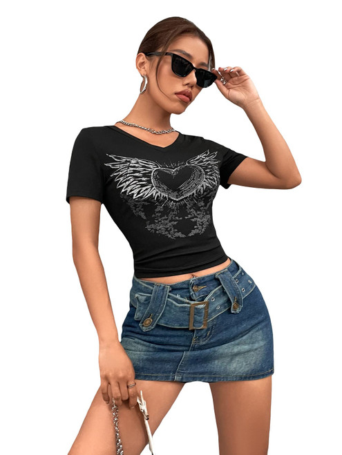 SOLY HUX Women's Graphic Tees Crop Top V Neck Short Sleeve T Shirt Y2k Summer Tops Black Heart M SOLY HUX Women's Graphic Tees Crop Top V Neck Short Sleeve T Shirt Y2k Summer Tops Black Heart M