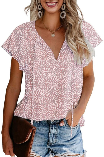 CERYIWER Women's Short Sleeve Casual Shirts Boho Floral Print V Neck Chiffon Tops Loose Blouses (Nude Pink, L)