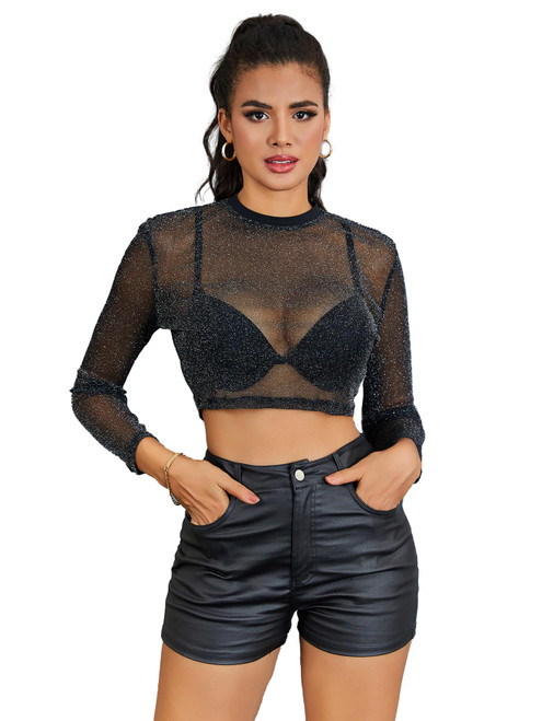Verdusa Women's Basic Long Sleeve Crop Top See Through Sheer Mesh Tee Shirt Solid Black L