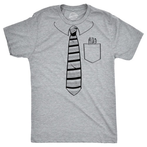 Mens Tie with Pocket of Pens T Shirt Funny Fake Office Work Attire Joke Tee for Guys Funny Mens Shirts for The Office with Sarcastic Sayings Light Grey - 4XL