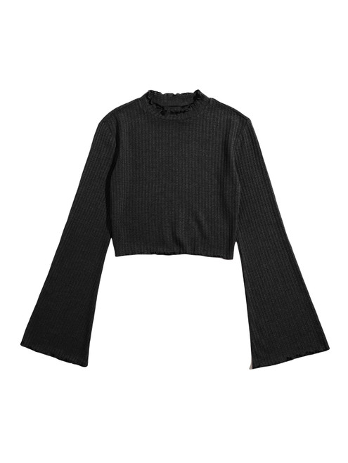 Floerns Women's Lettuce Trim Long Bell Sleeve Mock Neck Crop Top Tee Shirt Black L