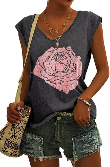 Fazortev Womens Cap Sleeve Blouses Rose Graphic Tees T-Shirt Casual V Neck Tank Tops Loose Fit Summer Basic Shirts