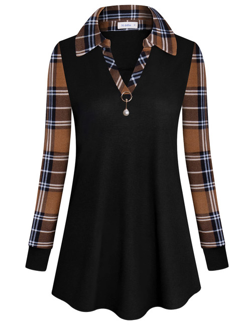 Siddhe Tunic Tops to Wear with Leggings, Collar Blouses for Women Business Casual Dressy V Neck Long Sleeve Shirts for Office Work Color Block Plaid Sweatshirt Fall,Black Khaki L