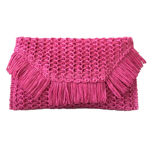 Fashion Culture Heidi Fringe Staw Slim Clutch Bag (Pink Punch)