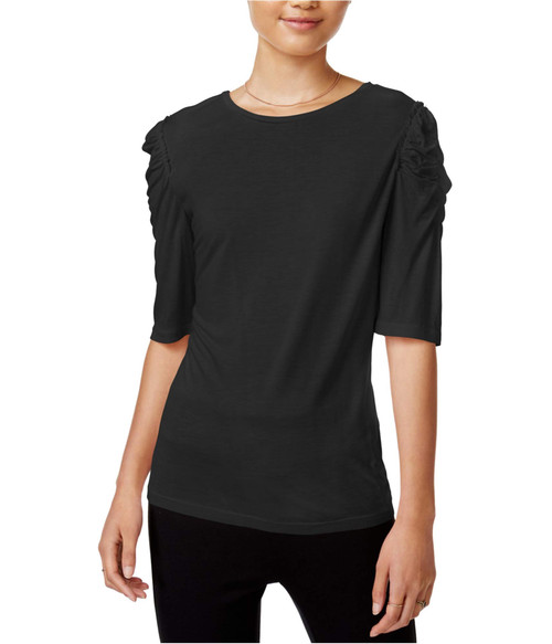 bar III Womens Runched Shoulder Basic T-Shirt, Black, Medium