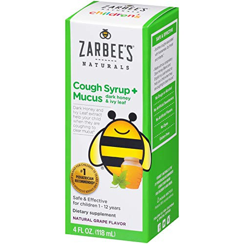 Zarbee's Naturals Children's Cough Syrup + Mucus with Dark Honey, Natural Grape Flavored Formula That  Soothes Throats, 4 Ounce Bottle Safe, effective, drug free