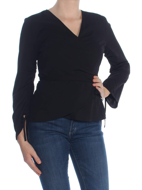 bar III Womens Ruched Wrap Knit Blouse, Black, Small