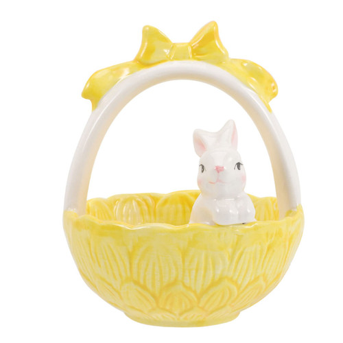 STAHAD Easter Basket Ceramic Easter Bunny Porcelain Easter Desktop Bunny Ornament Easter Eggs Basket Bunny with Basket Figure Party Car Decor Rabbit Basket Figurine Ceramics Gift Cartoon