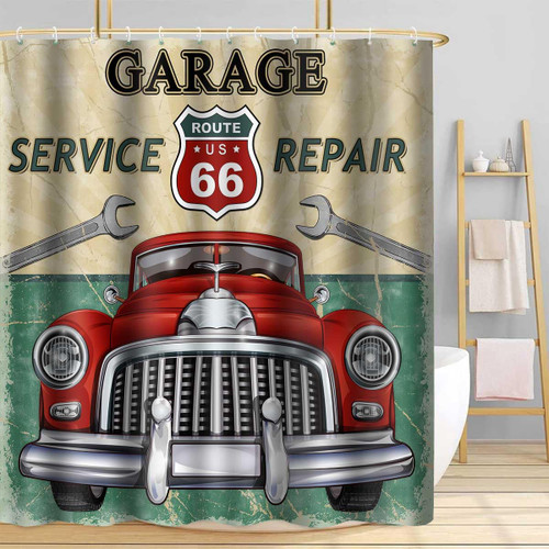 TPMDFC Cars Shower Curtain, 72x72 inch Polyester, Vintage Car Stall Route 66 Bathroom Shower Curtains, Retro Garage Repair Shop Waterproof Bathroom Bathtubs Decor Set with 12 Hooks YLOKTP0236