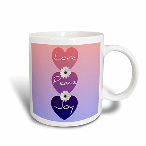 3dRose mug_40161_2"Peace, Love, Joy Hearts with Flowers- Inspirational Art" Ceramic Mug, 15 oz, Multicolor