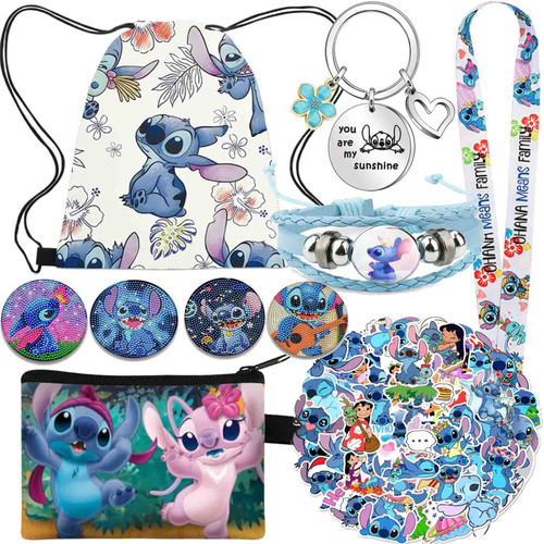 Herstar Stitch Merchandise Gift Set, Cartoon Anime Drawstring Bag, Keychain, Keychain Lanyard, Purse, Bracelets, Sticker, Button Pins (A)