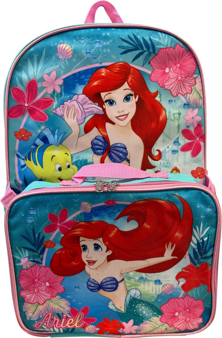 Ruz Group Kid's Licensed 16 Inch Backpack With Removable Lunch Box Set (Little Mermaid Blue-Pink)