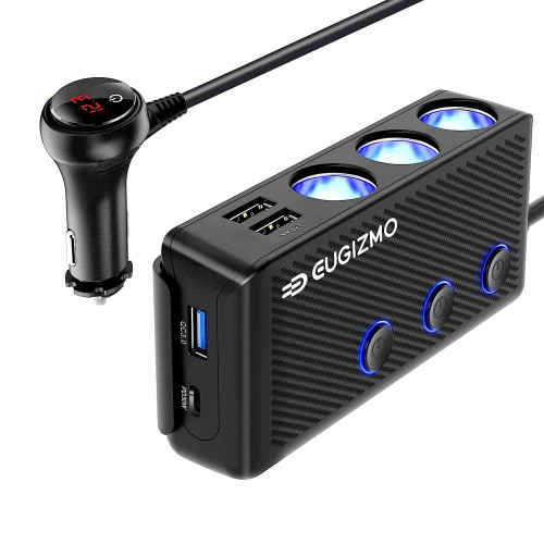 Car Cigarette Lighter Splitter Adapter, EUGIZMO 200W 12V/24V Power Outlet 3 Socket Car Cigarette Lighter Plug Splitter USB Charger Extension Cord Extender with LED Voltage Display Independent Switch