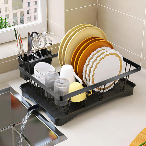 YZHDUXIU Dish Drying Rack, Large-Capacity Dish Rack with Automatic Drainboard, Dish Racks for Kitchen Counter, Durable Drying Rack for Countertop, Dish Drainer with Utensil Holder for Dishes, Spoons