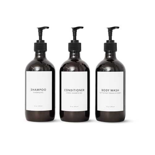 The Little Spruce Reusable Shampoo and Conditioner Dispenser, Set of 3, 16 oz Pump Bottle Dispenser for Shampoo, Conditioner, Body Wash, Minimalist Labels, Amber Soap Dispenser (Plastic Pump)