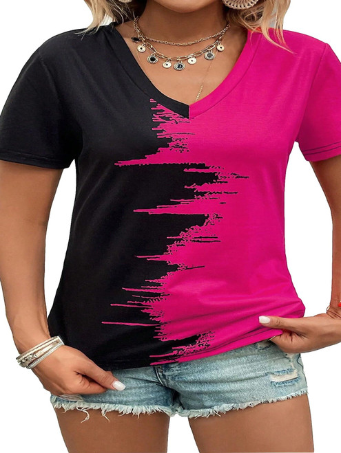 SOLY HUX Women's Plus Size Color Block T Shirt V Neck Short Sleeve Summer Tee Tops Black and HotPink 1XL SOLY HUX Women's Plus Size Color Block T Shirt V Neck Short Sleeve Summer Tee Tops Black and HotPink 1XL