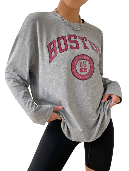 SOLY HUX Women's Letter Graphic Print T Shirt Casual Long Sleeve Tee Top Grey L SOLY HUX Women's Letter Graphic Print T Shirt Casual Long Sleeve Tee Top Grey L