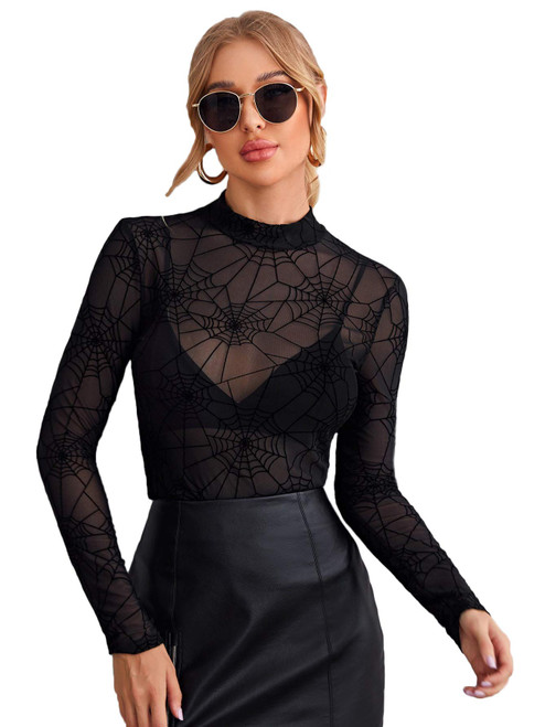 Floerns Women's Star Mesh See Through Mock Neck Long Sleeve Tops Tee T-Shirt Black Spider M