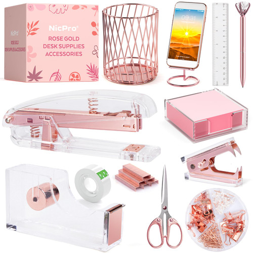 13 PCS Rose Gold Desk Accessories Office Supplies Set, Acrylic Stapler, Staple Remover, Tape Holder, Phone Holder, Pen Holder, Ballpoint Pen, Transparent Glue, Scissor, Ruler, Binders Clip, Notes