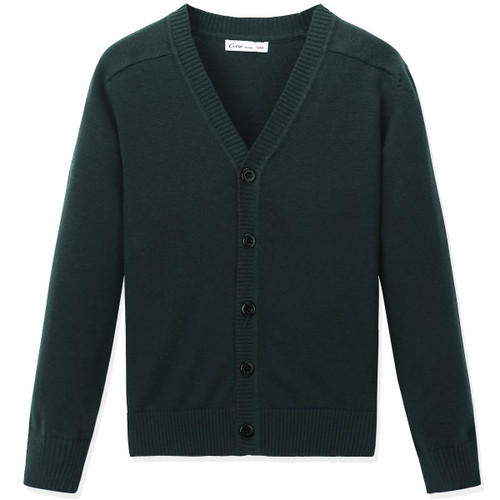 CUNYI Boys' Button-up Cardigan with Elbow Patches V-Neck Cotton Knit Sweater Casual Outerwear, Dark Green, 160