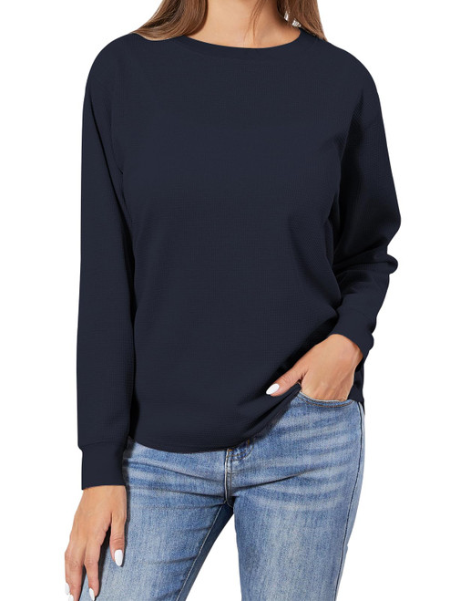 TRENDSTITCH Women Casual Crewneck Waffle Knit Sweatshirts Tops Long Sleeve Loose T-Shirts Fall Pullover,Navy Blue,M TRENDSTITCH Women Casual Crewneck Waffle Knit Sweatshirts Tops Long Sleeve Loose T-Shirts Fall Pullover,Navy Blue,M